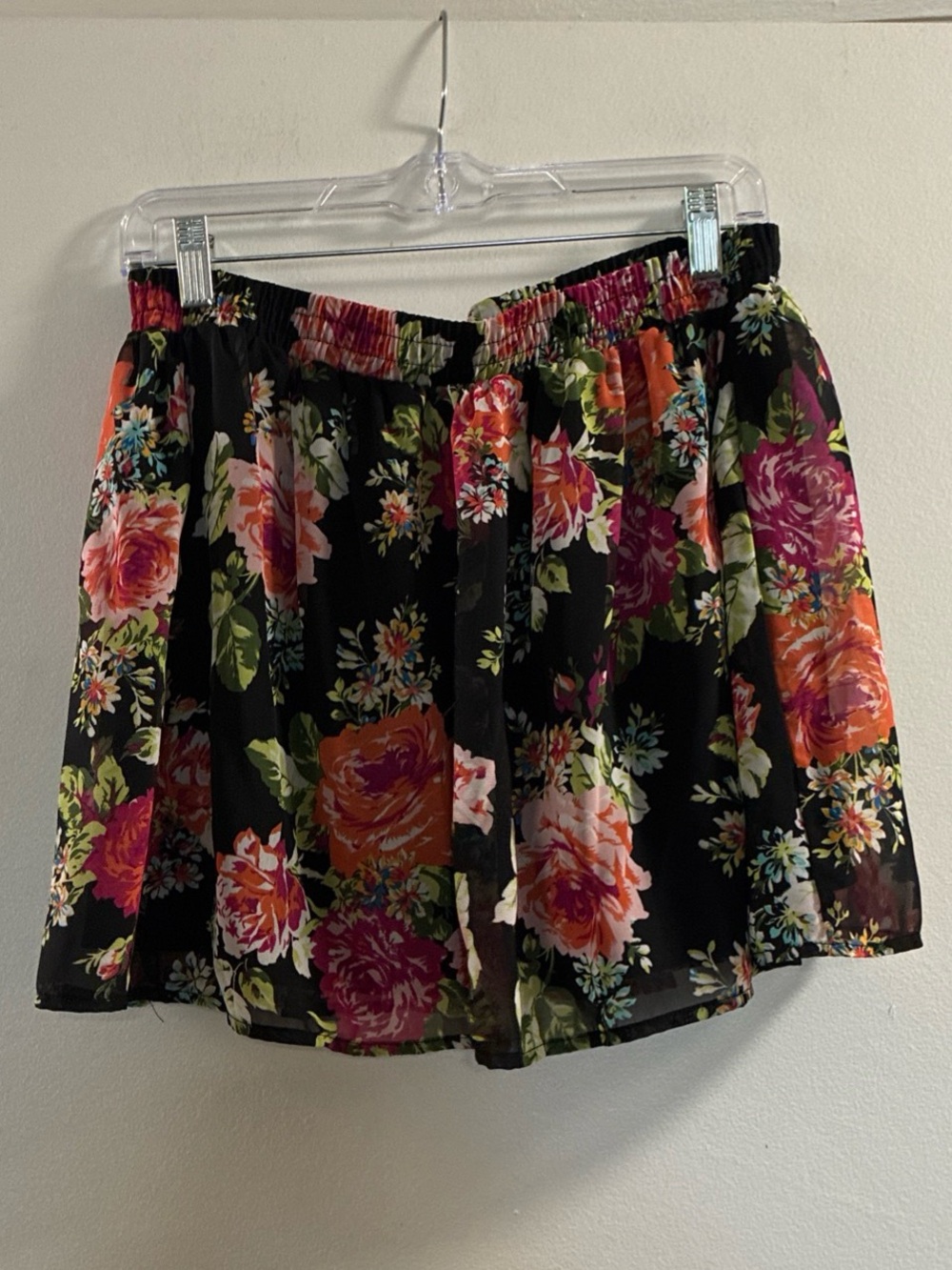 Y2K Wet Seal Black Floral Mini Skirt with Pink and Orange Roses